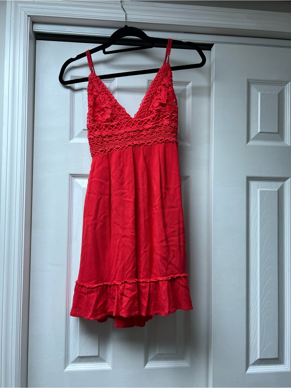 Red Midi Dress with Lace Detail